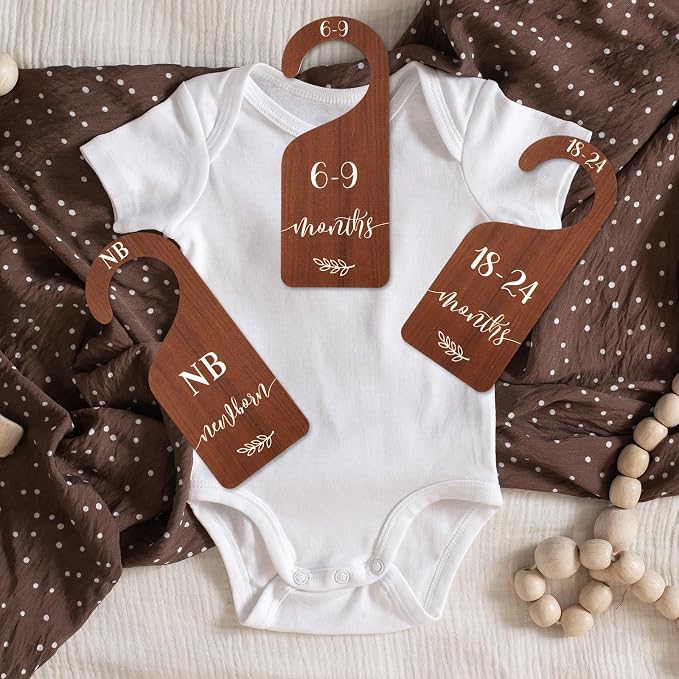 Whaline 7 Pcs Wooden Baby Closet Size Dividers with Pink Velvet Bag Newborn to 24 Month Thicken Infant Wardrobe Organizers Home Nursery Hanger Decor for Baby Shower Party Gift Supplies