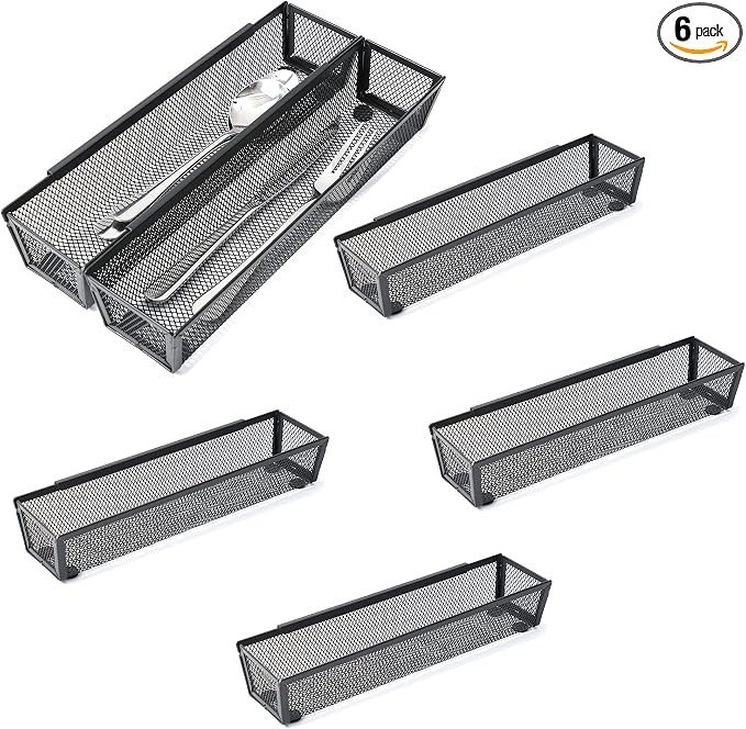 6 Pack Black Silverware Drawer Organizer Kitchen Drawer Utensil Cutlery Tray Office Supplies with Inter-locking Arm Drawer Dividers Organizer for Silverware, Flatware, Home,Office, School,Bedroom 12X3