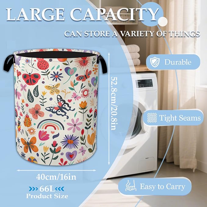 Colorful Butterfly Flowers Laundry Basket Collapsible Laundry Hamper Clothes Storage Bin for Bathroom Bedroom Room Decor 16" X 20.8"