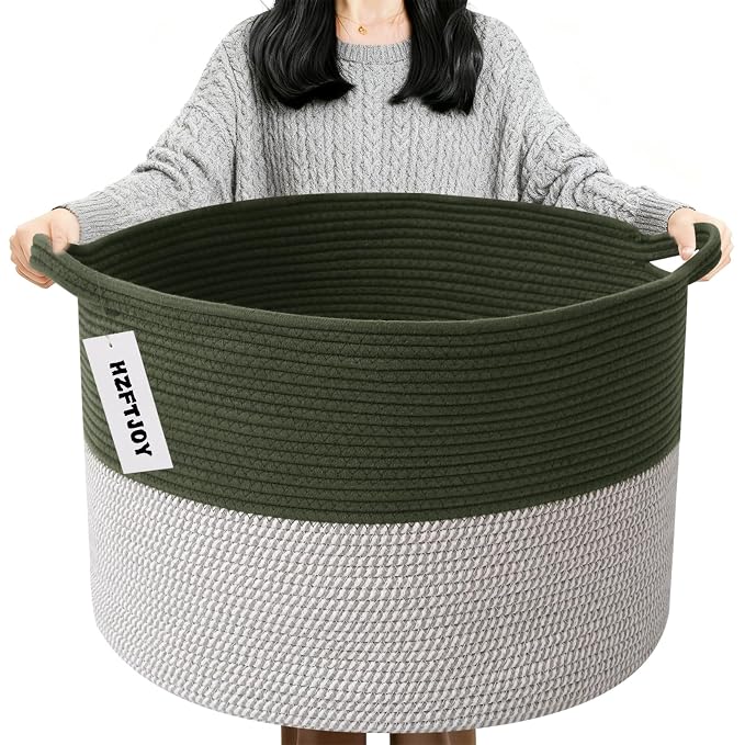 90L Extra Large Blanket Basket,Rope Woven Storage Basket with Handles, Laundry Hamper for Toys, Clothes, Pillows & Towels, Perfect for Living Room, Nursery & Bedroom,Green&White