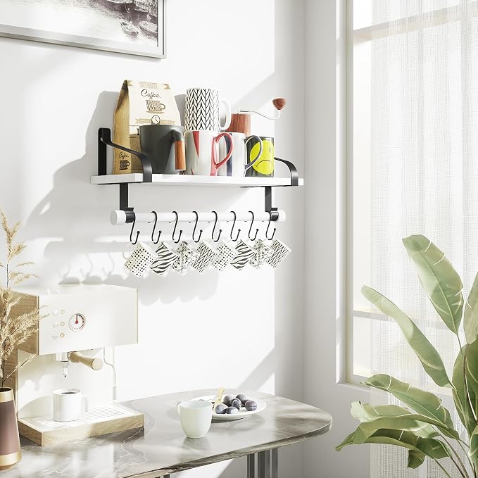 Love-KANKEI 17.3" Floating Wall Shelf Solid Wood/Bracket,Coffee Bar,White | Spice Rack,Towel Bar/8 Hooks,40 Lbs/shelf,Easy to Install,For Kitchen,Bathroom,Living Room,Bedroom,Office,Entryway Display