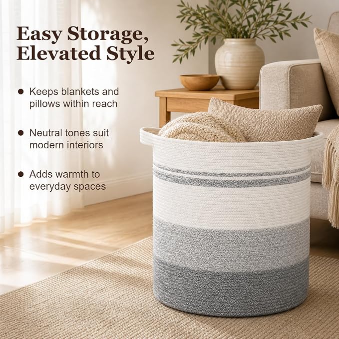 OIAHOMY 80L Laundry Hamper with Handles,Decorative Basket for Living room,Woven Storage Basket for Toys Bin,Pillows, Blankets,Clothes-20x18in-Gradient Gray