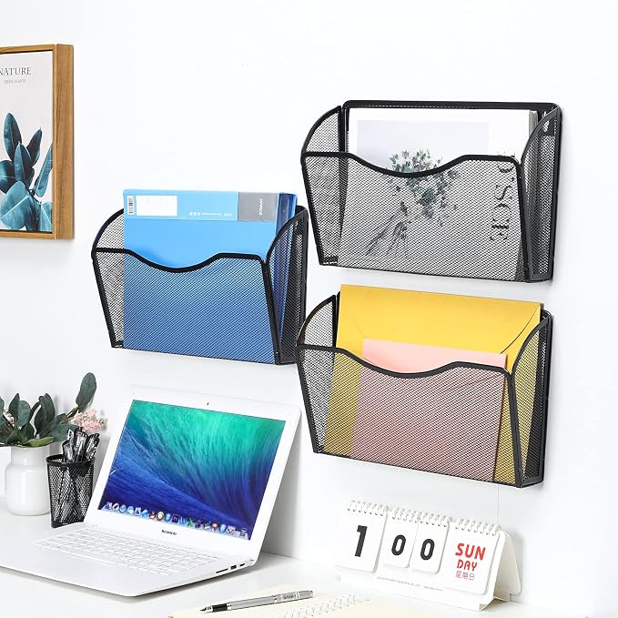 PAG 6 Pockets Wall File Organizer Metal Mesh Hanging Document Paper Holder Wall Mount Magazine Rack for Business Home Office Classroom, Black