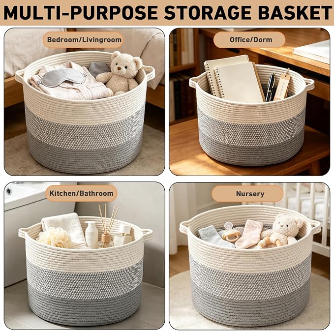 115L Extra Large Blanket Basket,Woven Rope Laundry Basket Hamper with Handles, Decorative Nursery Basket Storage Bin for Toys, Clothes Organizer, Living Room, Bedroom, Bathroom, Grey