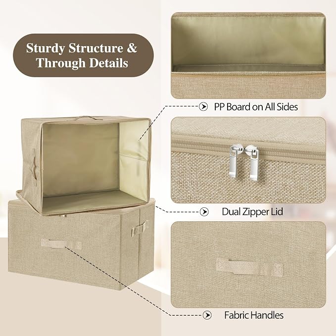 ANMINY 2PCS Storage Bins with Zipper Lids 13 Qt Lidded Fabric Storage Boxes Baskets Cubes with Handles Collapsible Washable Cotton Linen Closet Shelf Clothes Organizer Containers - Beige, Small