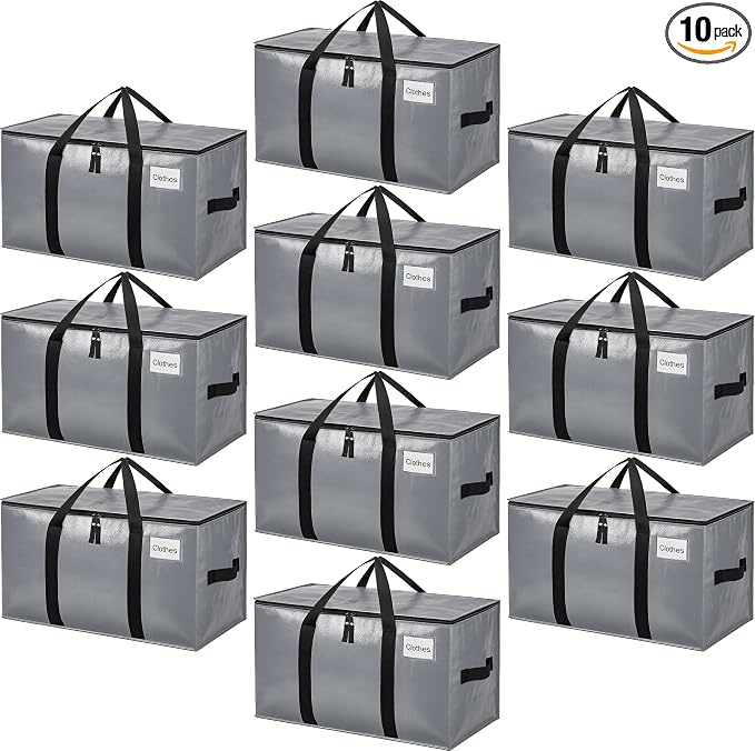 BAGAIL Heavy Duty Moving Bags with Strong Handle, Extra Large Moving Boxes, Storage Tote for Clothes, College Moving Supplies(Grey, 10 Pack)
