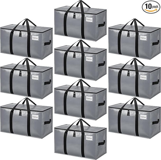 BAGAIL Heavy Duty Moving Bags with Strong Handle, Extra Large Moving Boxes, Storage Tote for Clothes, College Moving Supplies(Grey, 10 Pack)