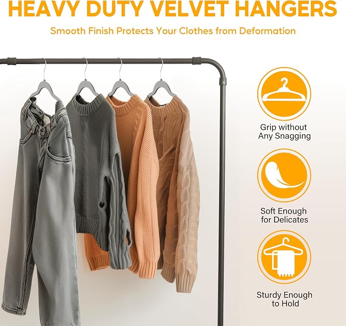 HealSmart Velvet Hangers 70 Pack, Space Saving Clothes Hangers for Closet, Non-Slip Heavy Duty Coat Hangers for Pants, Shirt, Sweater, Suit & Dress Clothing with 360° Swivel Hook, Grey