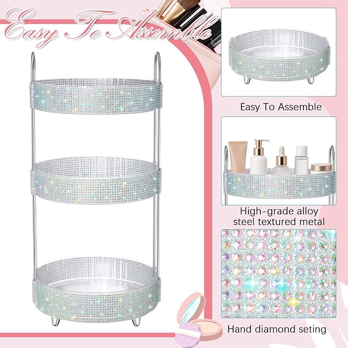 Honeydak 360 Rotating Perfume Organizer Gift for Women, Rhinestone Preppy Skincare Organizer Bathroom Counter Makeup Holder Skincare and Perfume Storage for Cosmetic(3 Tiers,Resin Diamond,AB Color)