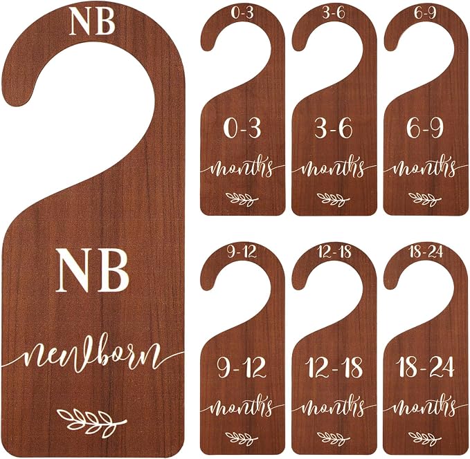 Whaline 7 Pcs Wooden Baby Closet Size Dividers with Pink Velvet Bag Newborn to 24 Month Thicken Infant Wardrobe Organizers Home Nursery Hanger Decor for Baby Shower Party Gift Supplies