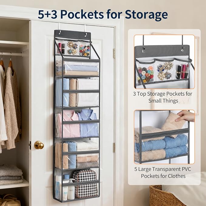 Yecaye 6 Tier Clear Over the Door Organizer, 5 Large PVC Pockets Door Hanger Organizer, 44lbs Capacity Closet Storage for Clothes Stuffed Animals and Cosmetics, Bathroom Bedroom Nursery Dorm RV, Grey