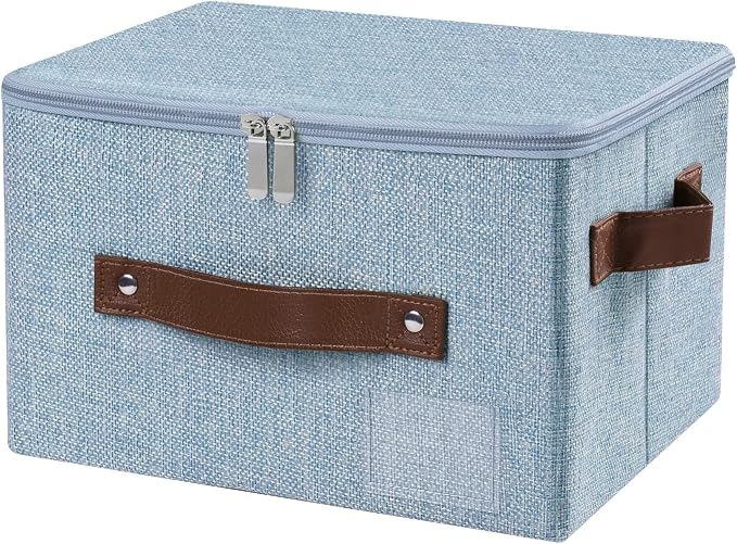 ANMINY Storage Bins with Zipper Lid Storage Boxes with Label Holder PU Leather Handles Washable Foldable Decorative Lidded Cotton Linen Fabric Cubes Baskets Closet Organizer - Blue, Small