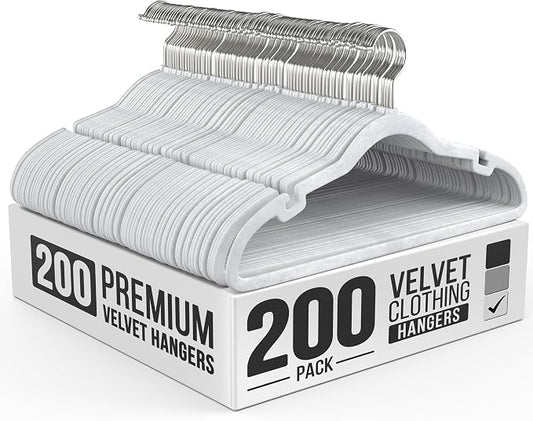 Our Modern Space 200 Pack Velvet Hanger for Shirt Pants Dresses Skirts Suits Jackets - Slim Space Saving Design - Standard Coat Hanger - Sturdy & Durable Design with Shoulder Grooves Hook