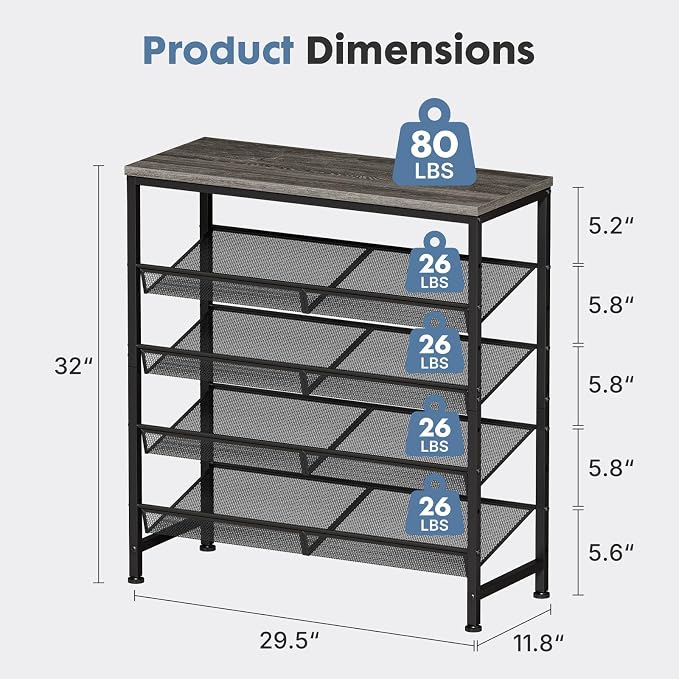 DUMOS 5-Tier Shoe Rack, Mesh Shelves & Wooden Top, Holds 20 Pairs, Grey Oak | Adjustable shelves lay flat or angled, metal frame with leveling feet, fits entryways & closets, grey oak finish