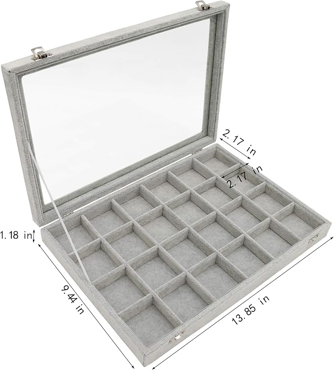 Stratalife 24 Grid Jewelry Holder Organizer: Earring Organizer Box with Clear Glass Lid, Velvet Jewelry Storage for Studs, Earrings, Rings, Necklace with Removable Dividers for Dresser, Grey