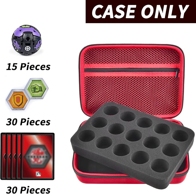 Comecase 15-Slot Case for Bakugan Figures and Cards with Mesh Pocket-Red | 15 Foam Slots, Mesh Pocket for 60+ Cards, Hard Shell Storage, Keeps Bakugan Figures Organized for Kids and Travel, Case Only
