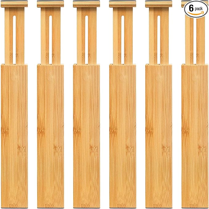VaeFae 6-Pack Bamboo Drawer Dividers – Adjustable 14"-19.1" (Fits 15"-18" Drawers ONLY), Spring-Loaded Expandable Organizer for Kitchen, Bedroom, Office & Bathroom, MUST MEASURE Before Purchase | 6 Pack