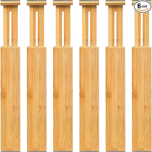 VaeFae 6-Pack Bamboo Drawer Dividers – Adjustable 14"-19.1" (Fits 15"-18" Drawers ONLY), Spring-Loaded Expandable Organizer for Kitchen, Bedroom, Office & Bathroom, MUST MEASURE Before Purchase | 6 Pack
