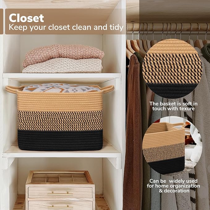 Goodpick Woven Storage Baskets for Organizing, Cotton Rope Organizer for Living Room Bedroom, 13"x10"x9" Rectangle Dog Toy Basket with Handles, Stylish Gift Baskets Empty, Black & Jute