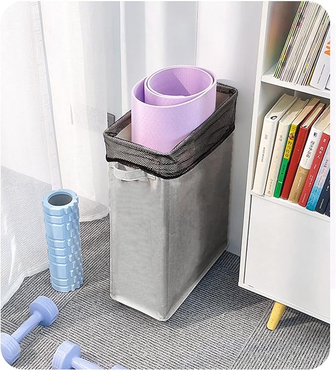 Rolling Slim Laundry Basket Foldable Sorter and Organizer on Wheels Tall Thin Dirty Laundry Hamper Basket Cloth Storage Bin for Household Sundries(Dark Gray)