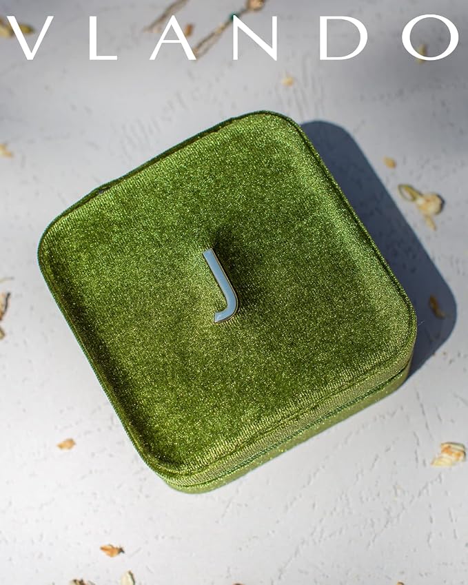 VLANDO Plush Velvet Travel Jewelry Case, Personalized Initial Jewelry Boxes for Women Girls, Mini Jewelry Travel Organizer Travel Essentials for Birthday Gifts - Letter J, Green