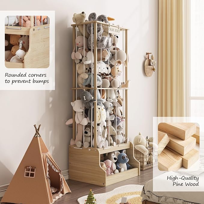 Stuffed Animal Storage Organizer,2-in-1 Solid Pine Wood Stuffed Animal Zoo with Toy Chest, Large Plush Toy Holder with Thick Elastic Bands,Stuffed Animal Holder for Playroom, Nursery, Bedroom