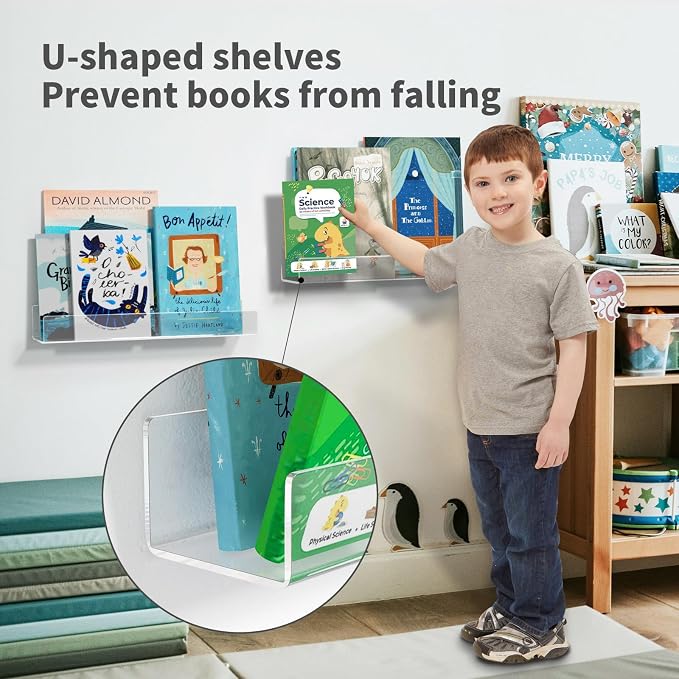 NIUBEE 16.5-Inch Acrylic Floating Bookshelves, 2-Pack, Clear Modern Wall Shelves for Child/Toddler， Invisible Ledge Book Shelves for Nursery/Kids Room/Playroom/Small Spaces.