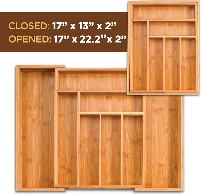 Bamboo Drawer Organizer - 8 Compartment Expandable Silverware Organizer and Utensil Holder, 17 Inch Long, 13 to 22 Inch Wide, 2 Inch Deep Kitchen Cutlery Tray Insert for Flatware Knives Large Utensils