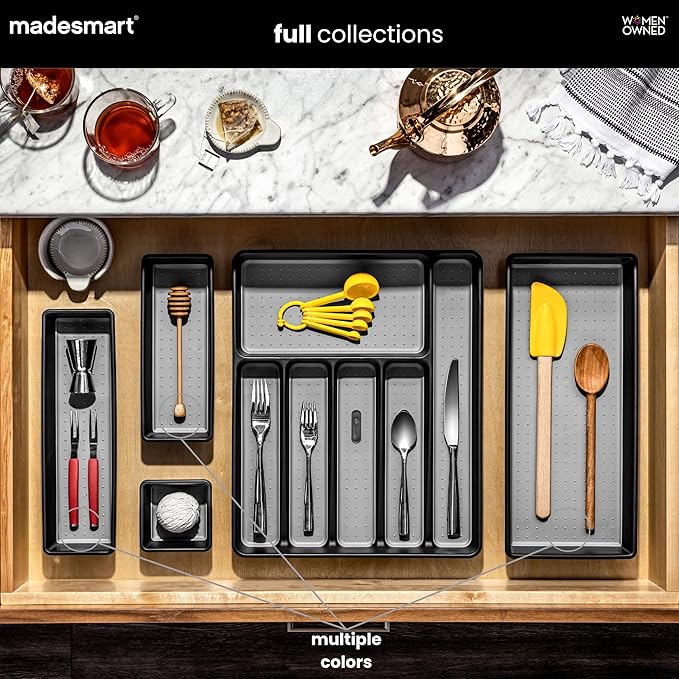 madesmart 3 Bin Drawer Organizer Set, Multi Purpose Storage for Utensils, Office & Bathroom, Organizer for Cutlery, Peeling Tools, Spatulas, Soft Grip Lining, Durable & Easy to Clean, White