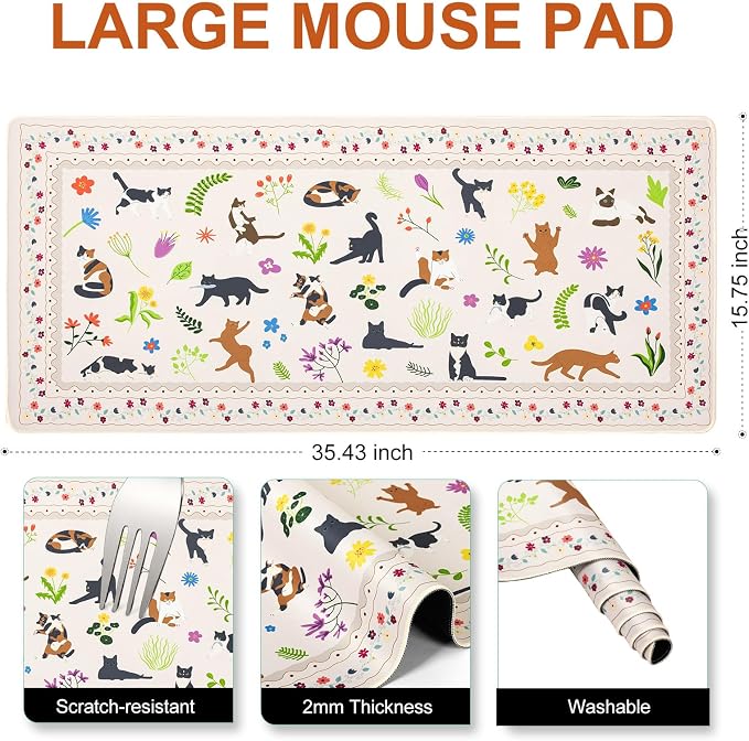 L-SPOUTTO Cute Cat Desk Mat for Keyboard and Mouse,XXL Large Mouse Pad Non-Slip Keyboard Pad Waterproof Desktop Mat for Laptop Computer Work Game Home Office-Cats