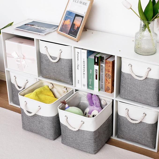 11 x 11 Inch Storage Cubes, 6 Pack Large Collapsible Fabric Storage Bin with Ropes, Foldable Storage Cubes for Home, Office,Closet, Clothes, Toys Organizer (White&Gray)