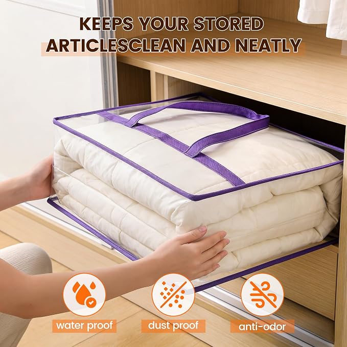 6 Pack Clear Clothes Storage Bags, Double Zipper Design 40L Underbed Moving Bags for Blankets and Clothes, Large Capacity Closet Organizers and Storage for Dormitory, Bedroom, Closet-Purple