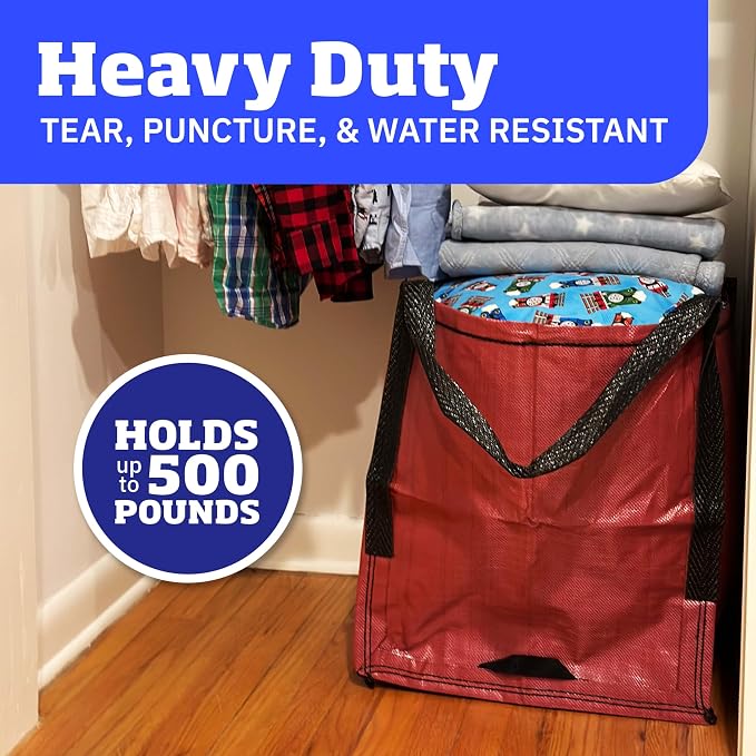 DURASACK Heavy Duty Storage Tote Bag 22-Gallon Rugged Woven Polypropylene Moving Bag, Reusable Self-Standing Design, Holds up to 500 Pounds, Pack of 4, Red