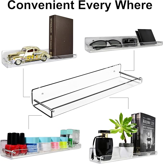 AMT 4 Pack Acrylic Floating Shelves, 15" L x 3.25" W, Clear Bathroom Wall Shelf, Bookshelves, Invisible Display for Office, Bedroom, Small Gap Allows Water to Escape, Free Screws & Drill Bit (Medium)