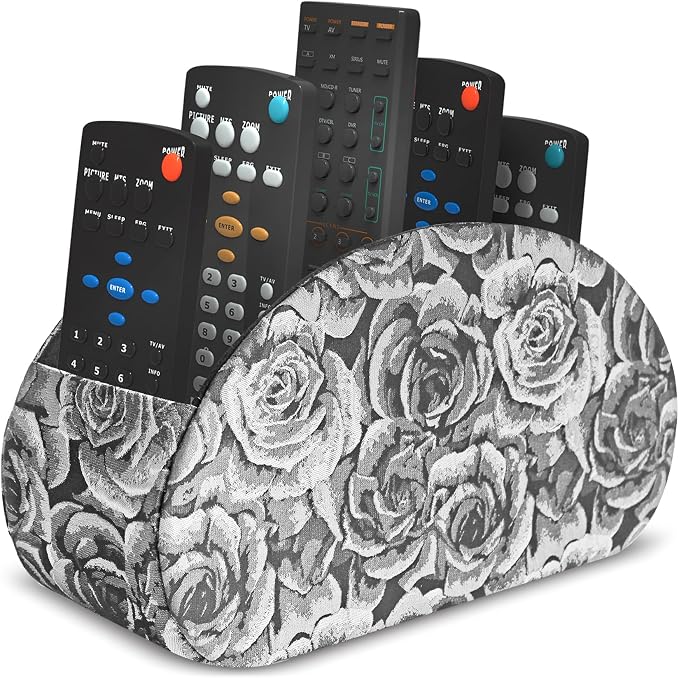 Remote Control Holder, PU Leather Remote Caddy Desktop Organizer with 5 Spacious Compartments for TV Remotes/Media Controllers/Office Supplies (1-3D Black Grey