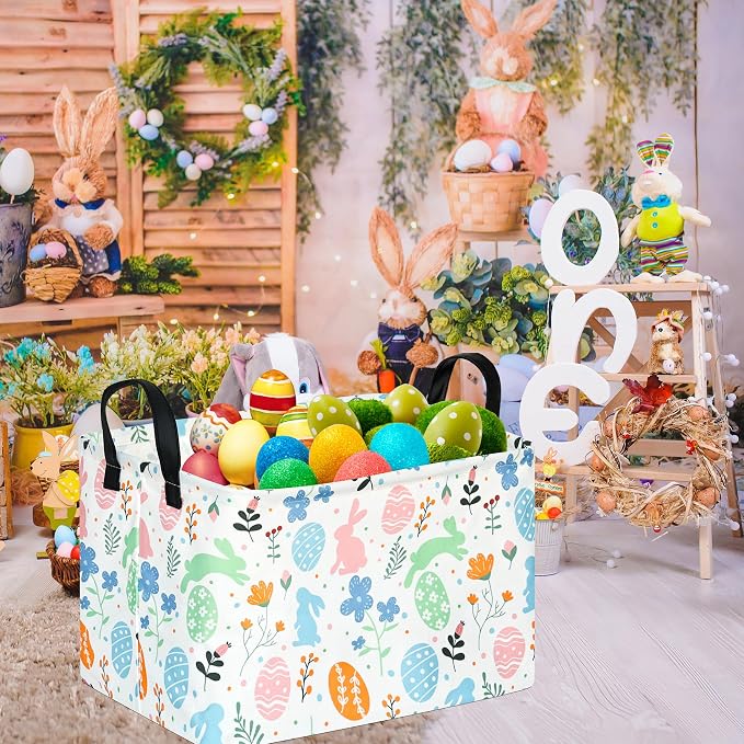 Rectangular Easter Basket Storage Bin for Shelves Cute Gifts Baskets Foldable Box with Handles for Boy and Girl Home Office Car Dormroom Easter Party Supplies