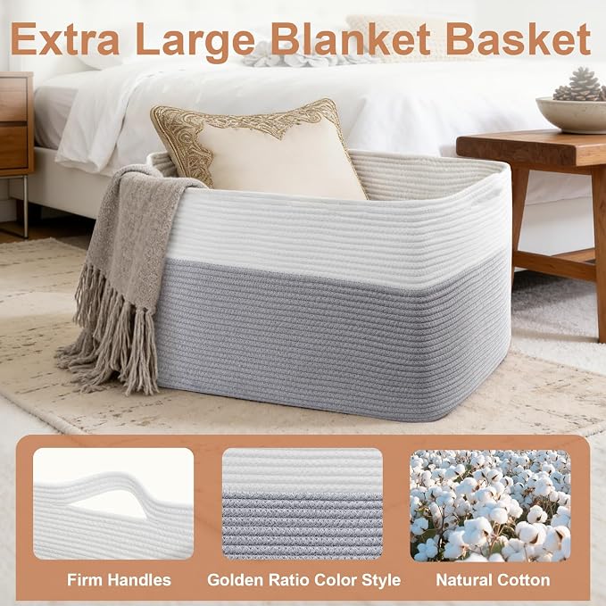 105L XXXL Large Blanket Basket, Rectangular Cotton Rope Basket, Laundry Hamper for Blankets, Pillows, Extra Large Toys Storage Bins for Kids, Dogs 25" x 16" x 16", White & Gray