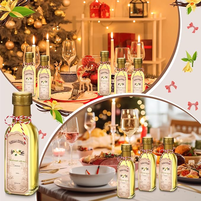 Tioncy 12 Pcs Vanilla Extract Bottles for Homemade Vanilla Jar Glass Square Bottle with Cap Shrink Band Sticker Syrup Food Storage Canister for Liquids Bean Sauce Spice Gift Giving(Gold,5 oz)
