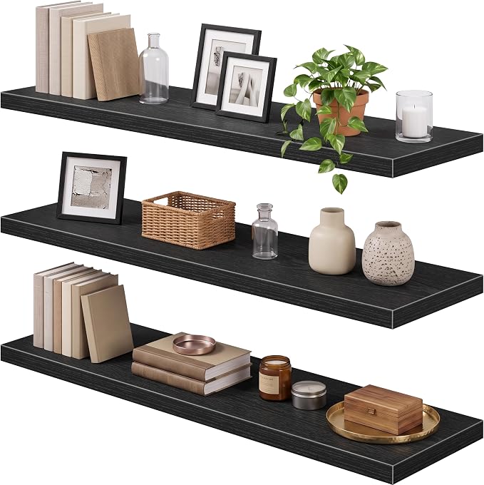 QEEIG 12" Deep Floating Shelves for Wall - 12 x 48 inch Book Shelf Bathroom Bedroom Kitchen Living Room Hanging Bookshelf Farmhouse Set of 3, Black (026-120B3)