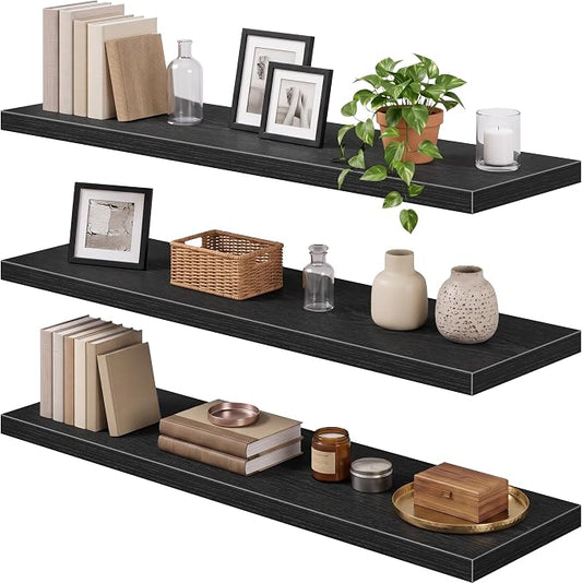 QEEIG 12" Deep Floating Shelves for Wall - 12 x 48 inch Book Shelf Bathroom Bedroom Kitchen Living Room Hanging Bookshelf Farmhouse Set of 3, Black (026-120B3)