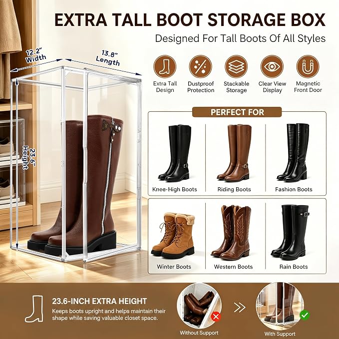 Extra Tall Clear Boot Storage Box for Knee-High and Riding Boots | 23.6-inch height helps keep tall boots upright. Ideal for riding boots, fashion boots and seasonal footwear, huge figures.