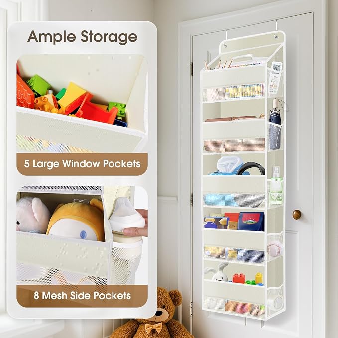 SpaceHacks 2 Pack Over The Door Organizer, Hanging Storage Organizer with Clear Window, 40lb Ultra Sturdy Large Capacity Room Organizer for Pantry Laundry Bathroom Nursery Closet (Beige)