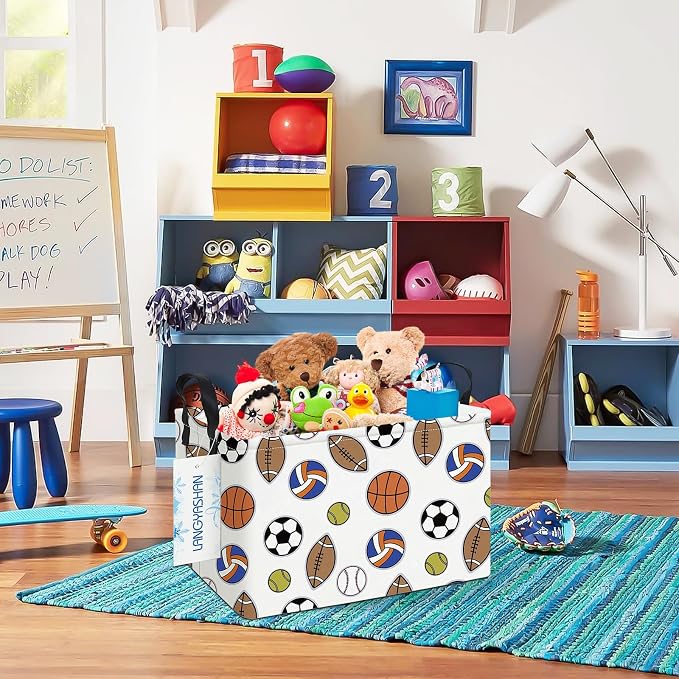 Rectangular Collapsible Colorful Balls Storage Basket Nursery Organizer | Storage Bin Foldable Canvas with Handles for Organizing Home Kitchen Children Toys Office Closet Shelf Baskets