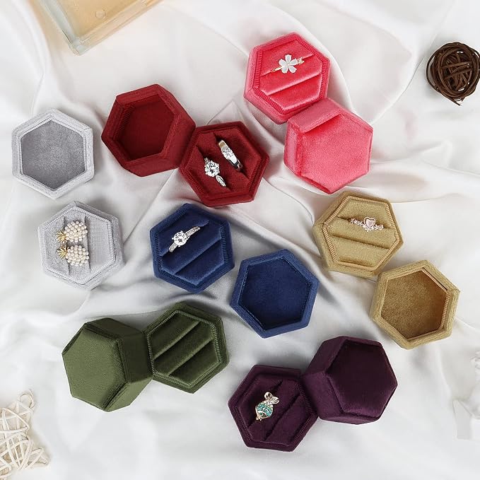 DesignSter Hexagon Velvet Ring Box - Premium Gorgeous Vintage Double Ring Display Holder with Detachable Lid for Proposal, Engagement, Wedding, Ceremony (Silvery Grey)