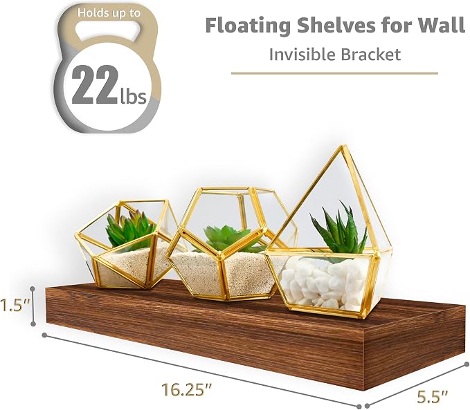 Sorbus Floating Shelves for Wall – 16 Inch Floating Shelf for Kitchen, Bedroom, Living Room, Bathroom, Home & Wall Decor - Mounted Bathroom Shelves with Invisible Brackets (Walnut, 5 Pack)