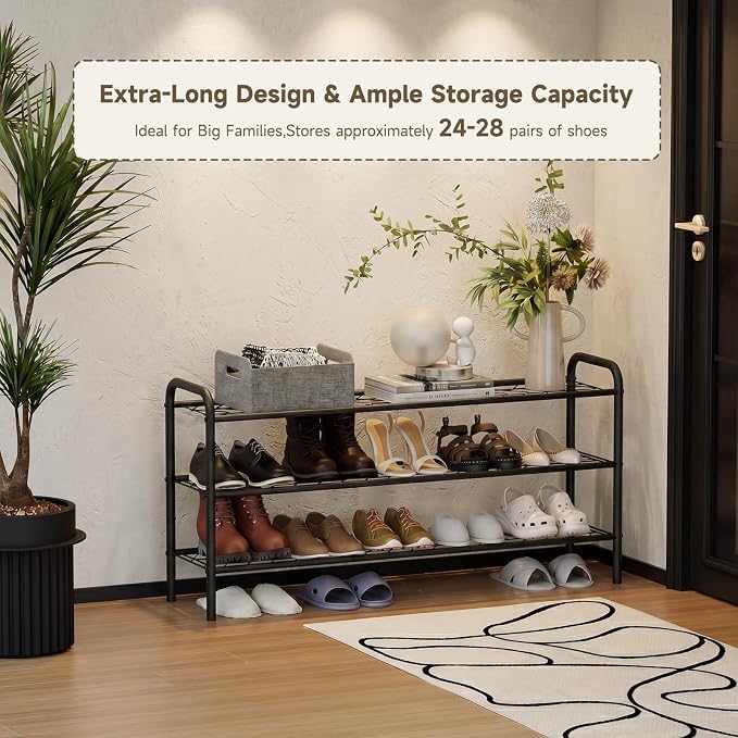 Shoe Rack,Long Shoe Organizer for Closet,Wide Shoe Storage for Entryway, 3 Tier Sturdy Metal Free Standing Shoe Shelf