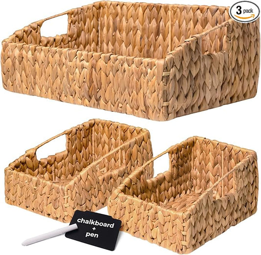 KOKODO Rectangular Wicker Storage Baskets for Shelves, Set of 3 Water Hyacinth Woven Bins with Handles, Open Front Pantry Shelf Organizer for Closet, Bedroom, Boho Decorative, Natural