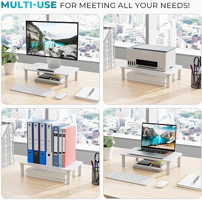 BONTEC Monitor Stand for Desk 2 Pack, 3-Level Height Adjustable Metal Monitor Riser, Ergonomic Computer Stand with Pen Holder & Cable Management for Printer, Laptop, Office Workstation, White
