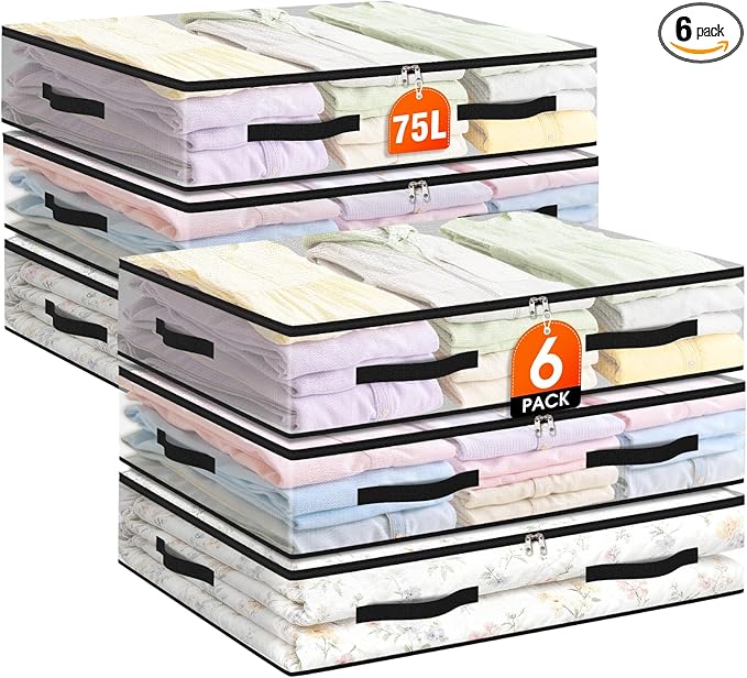 6 Pack Under Bed Storage Bags, 75L Foldable Clear Storage Containers with Handles, Dual Zippers for Comforter, Clothes, Bedding, Linen Sheets, Sweaters, Blanket Storage