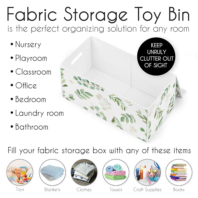 Sweet Jojo Designs Floral Leaf Girl Small Fabric Toy Bin Storage Box Chest for Baby Nursery or Kids Room - Green and White Boho Watercolor Botanical Woodland Tropical Garden